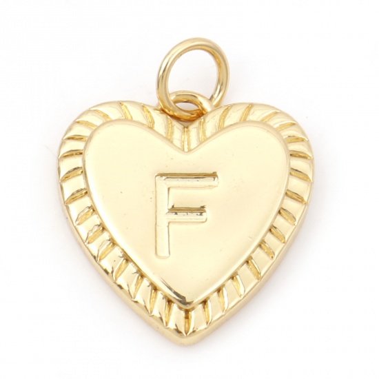 Picture of Brass Valentine's Day Charms 18K Real Gold Plated Heart Initial Alphabet/ Capital Letter Message " F " 19mm x 15mm, 1 Piece