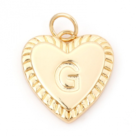 Picture of Brass Valentine's Day Charms 18K Real Gold Plated Heart Initial Alphabet/ Capital Letter Message " G " 19mm x 15mm, 1 Piece