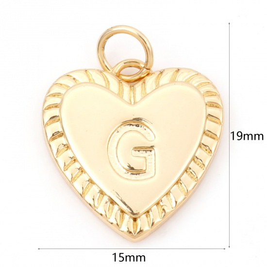 Picture of Brass Valentine's Day Charms 18K Real Gold Plated Heart Initial Alphabet/ Capital Letter Message " G " 19mm x 15mm, 1 Piece