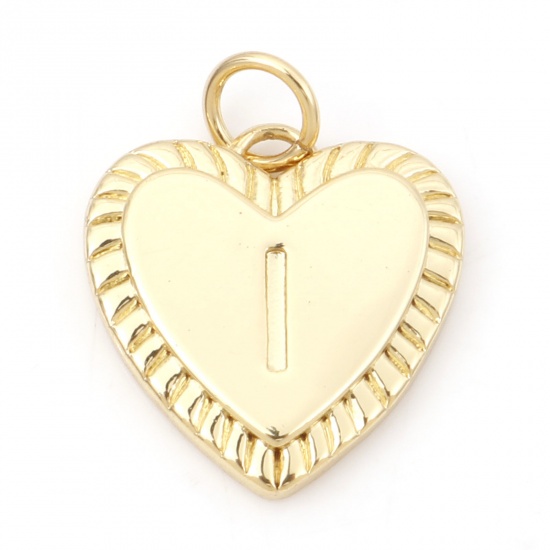 Picture of Brass Valentine's Day Charms 18K Real Gold Plated Heart Initial Alphabet/ Capital Letter Message " I " 19mm x 15mm, 1 Piece