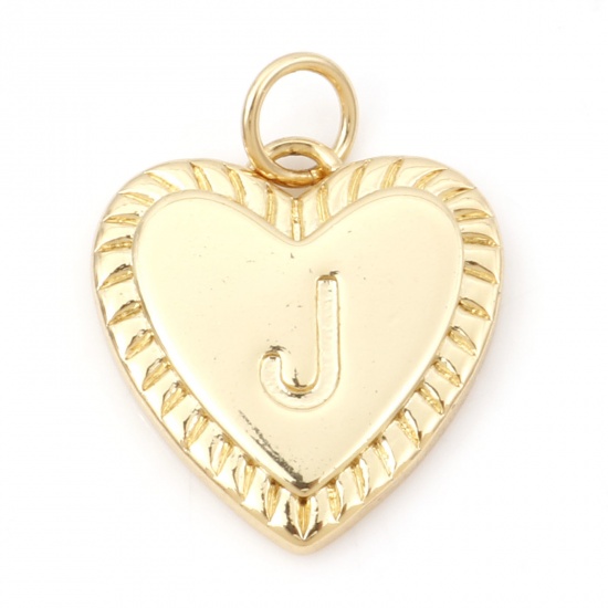 Picture of Brass Valentine's Day Charms 18K Real Gold Plated Heart Initial Alphabet/ Capital Letter Message " J " 19mm x 15mm, 1 Piece