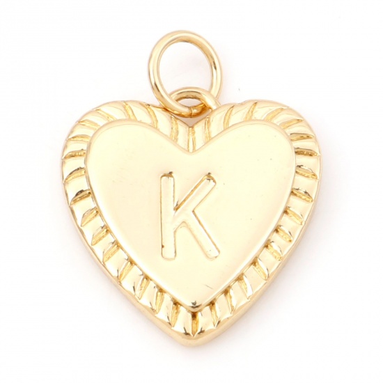 Picture of Brass Valentine's Day Charms 18K Real Gold Plated Heart Initial Alphabet/ Capital Letter Message " K " 19mm x 15mm, 1 Piece