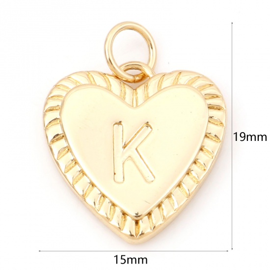 Picture of Brass Valentine's Day Charms 18K Real Gold Plated Heart Initial Alphabet/ Capital Letter Message " K " 19mm x 15mm, 1 Piece