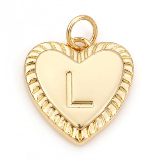 Picture of Brass Valentine's Day Charms 18K Real Gold Plated Heart Initial Alphabet/ Capital Letter Message " L " 19mm x 15mm, 1 Piece