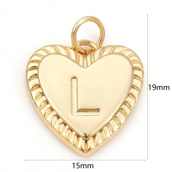 Picture of Brass Valentine's Day Charms 18K Real Gold Plated Heart Initial Alphabet/ Capital Letter Message " L " 19mm x 15mm, 1 Piece