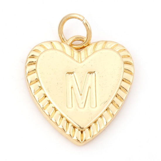 Picture of Brass Valentine's Day Charms 18K Real Gold Plated Heart Initial Alphabet/ Capital Letter Message " M " 19mm x 15mm, 1 Piece