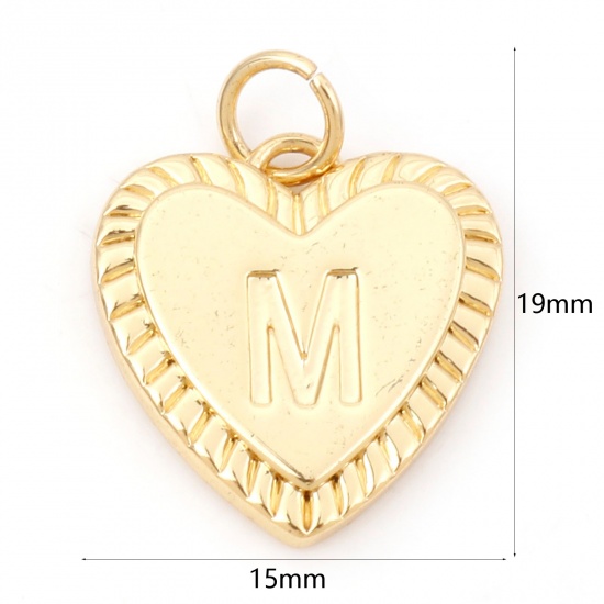 Picture of Brass Valentine's Day Charms 18K Real Gold Plated Heart Initial Alphabet/ Capital Letter Message " M " 19mm x 15mm, 1 Piece