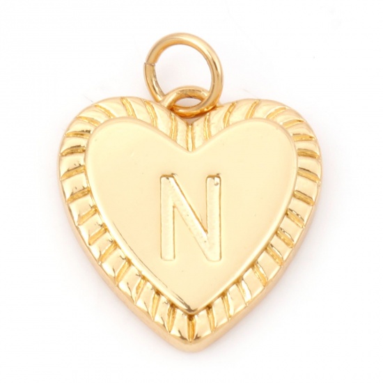 Picture of Brass Valentine's Day Charms 18K Real Gold Plated Heart Initial Alphabet/ Capital Letter Message " N " 19mm x 15mm, 1 Piece