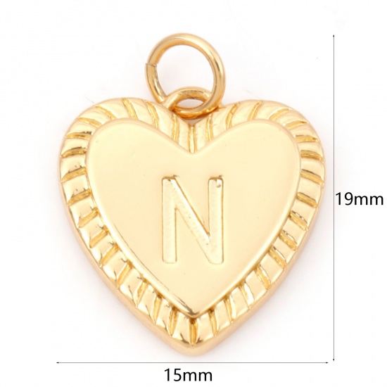 Picture of Brass Valentine's Day Charms 18K Real Gold Plated Heart Initial Alphabet/ Capital Letter Message " N " 19mm x 15mm, 1 Piece