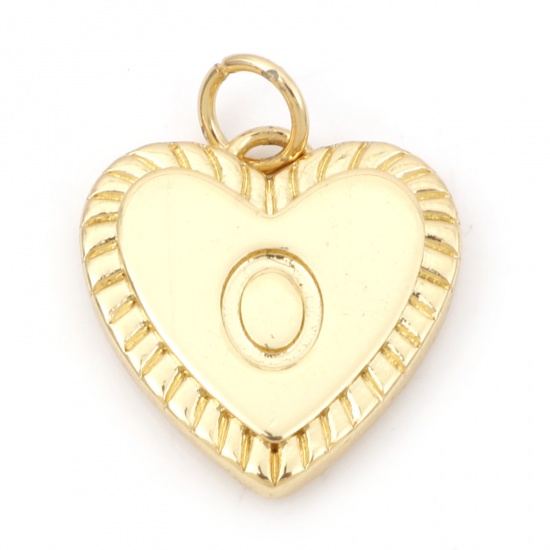 Picture of Brass Valentine's Day Charms 18K Real Gold Plated Heart Initial Alphabet/ Capital Letter Message " O " 19mm x 15mm, 1 Piece