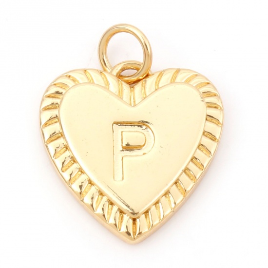 Picture of Brass Valentine's Day Charms 18K Real Gold Plated Heart Initial Alphabet/ Capital Letter Message " P " 19mm x 15mm, 1 Piece