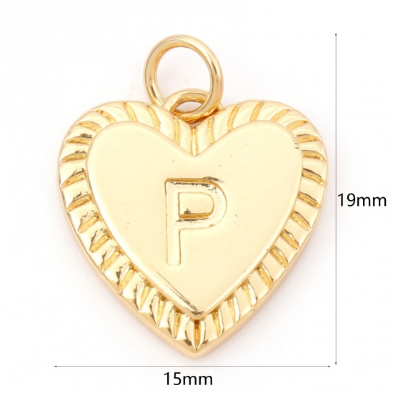 Picture of Brass Valentine's Day Charms 18K Real Gold Plated Heart Initial Alphabet/ Capital Letter Message " P " 19mm x 15mm, 1 Piece