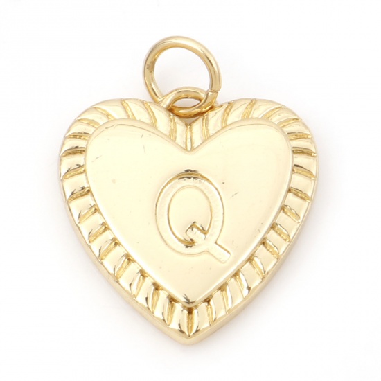 Picture of Brass Valentine's Day Charms 18K Real Gold Plated Heart Initial Alphabet/ Capital Letter Message " Q " 19mm x 15mm, 1 Piece