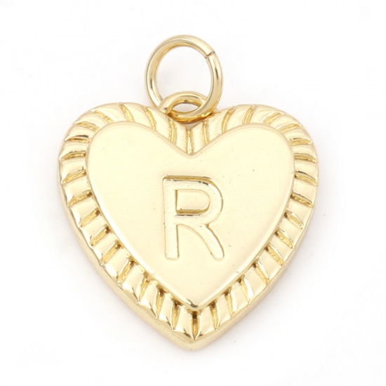 Picture of Brass Valentine's Day Charms 18K Real Gold Plated Heart Initial Alphabet/ Capital Letter Message " R " 19mm x 15mm, 1 Piece