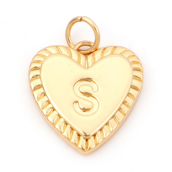 Picture of Brass Valentine's Day Charms 18K Real Gold Plated Heart Initial Alphabet/ Capital Letter Message " S " 19mm x 15mm, 1 Piece