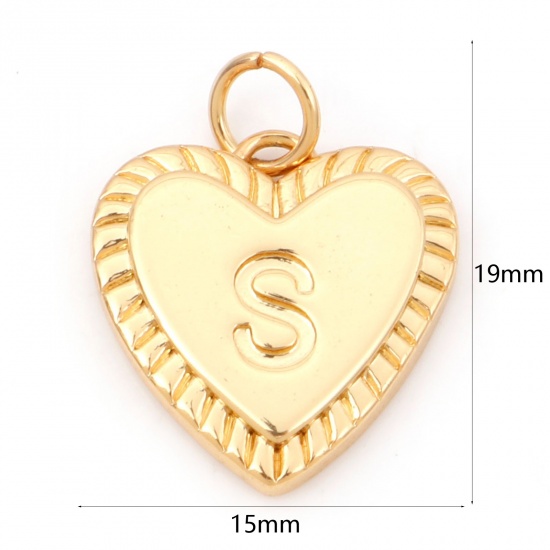 Picture of Brass Valentine's Day Charms 18K Real Gold Plated Heart Initial Alphabet/ Capital Letter Message " S " 19mm x 15mm, 1 Piece