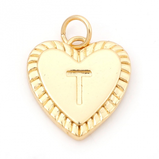 Picture of Brass Valentine's Day Charms 18K Real Gold Plated Heart Initial Alphabet/ Capital Letter Message " T " 19mm x 15mm, 1 Piece