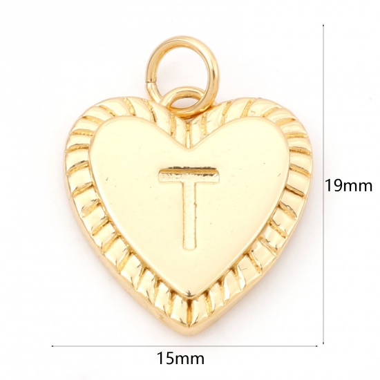 Picture of Brass Valentine's Day Charms 18K Real Gold Plated Heart Initial Alphabet/ Capital Letter Message " T " 19mm x 15mm, 1 Piece