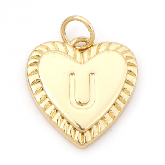 Picture of Brass Valentine's Day Charms 18K Real Gold Plated Heart Initial Alphabet/ Capital Letter Message " U " 19mm x 15mm, 1 Piece