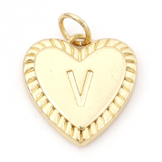 Picture of Brass Valentine's Day Charms 18K Real Gold Plated Heart Initial Alphabet/ Capital Letter Message " V " 19mm x 15mm, 1 Piece