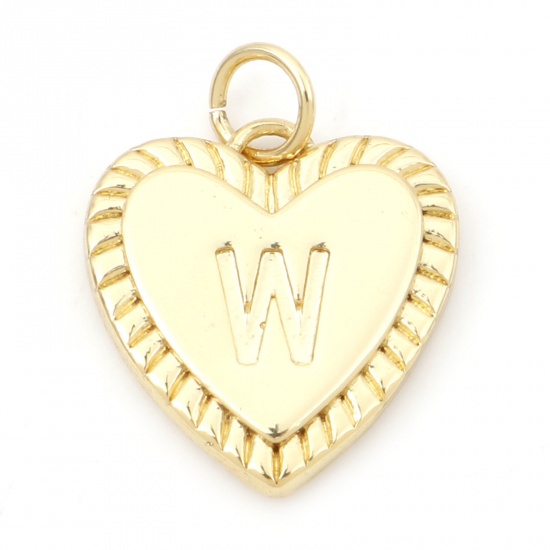 Picture of Brass Valentine's Day Charms 18K Real Gold Plated Heart Initial Alphabet/ Capital Letter Message " W " 19mm x 15mm, 1 Piece