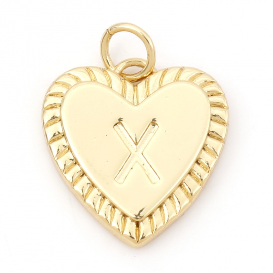 Picture of Brass Valentine's Day Charms 18K Real Gold Plated Heart Initial Alphabet/ Capital Letter Message " X " 19mm x 15mm, 1 Piece