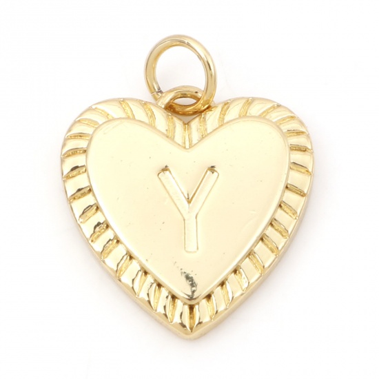 Picture of Brass Valentine's Day Charms 18K Real Gold Plated Heart Initial Alphabet/ Capital Letter Message " Y " 19mm x 15mm, 1 Piece