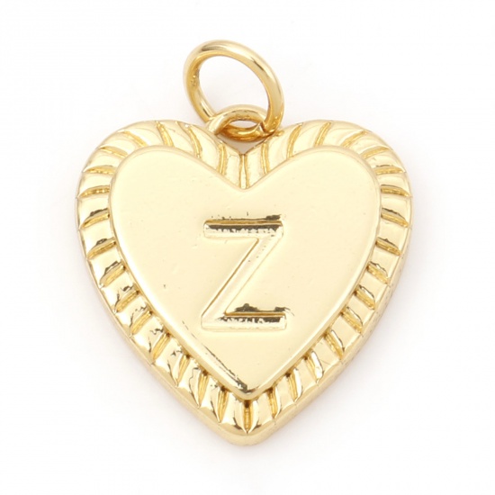 Picture of Brass Valentine's Day Charms 18K Real Gold Plated Heart Initial Alphabet/ Capital Letter Message " Z " 19mm x 15mm, 1 Piece