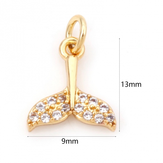 Picture of Brass Ocean Jewelry Charms 18K Real Gold Plated Fishtail Micro Pave Clear Cubic Zirconia 13mm x 9mm, 1 Piece