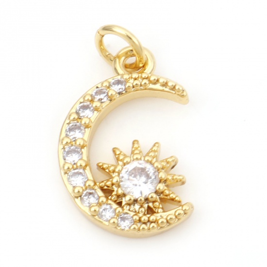 Picture of Brass Galaxy Charms 18K Real Gold Plated Half Moon Sun Micro Pave Clear Cubic Zirconia 17mm x 9mm, 1 Piece                                                                                                                                                    
