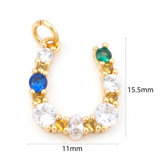 Picture of Brass Micro Pave Charms 18K Real Gold Plated Luck Horseshoe Multicolour Cubic Zirconia 15.5mm x 11mm, 1 Piece