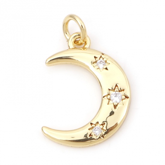 Picture of Brass Galaxy Charms 18K Real Gold Plated Half Moon Clear Cubic Zirconia 16.5mm x 10mm, 1 Piece                                                                                                                                                                