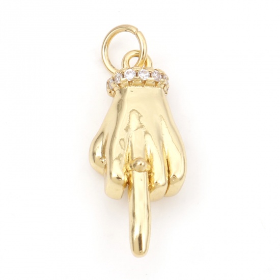 Picture of Brass Micro Pave Charms 18K Real Gold Plated Hand Sign Gesture Clear Cubic Zirconia 24mm x 9mm, 1 Piece