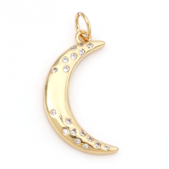 Picture of Brass Galaxy Charms 18K Real Gold Plated Half Moon Clear Cubic Zirconia 25mm x 12mm, 1 Piece                                                                                                                                                                  