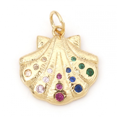 Picture of Brass Ocean Jewelry Charms 18K Real Gold Plated Shell Micro Pave Multicolour Cubic Zirconia 20mm x 16mm, 1 Piece