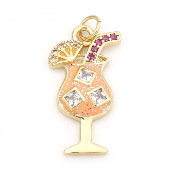 Picture of Brass Charms 18K Real Gold Plated Orange Beverages Enamel Multicolour Cubic Zirconia 27mm x 13mm, 1 Piece                                                                                                                                                     