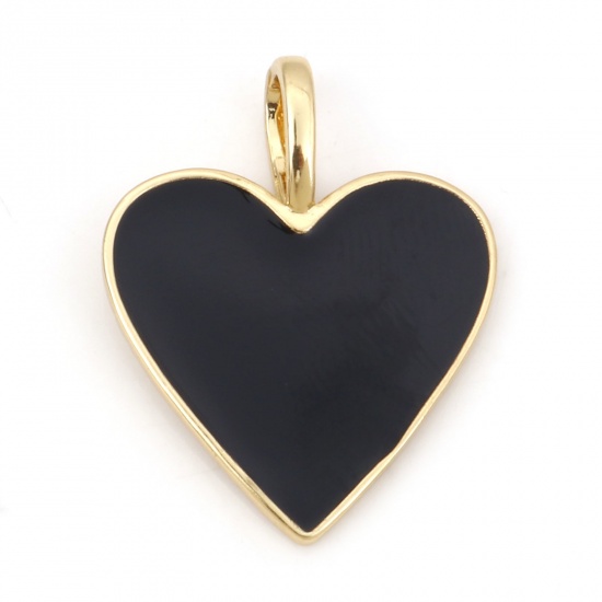 Picture of Brass Valentine's Day Charms 18K Real Gold Plated Black Heart Enamel 24mm x 19mm, 1 Piece                                                                                                                                                                     