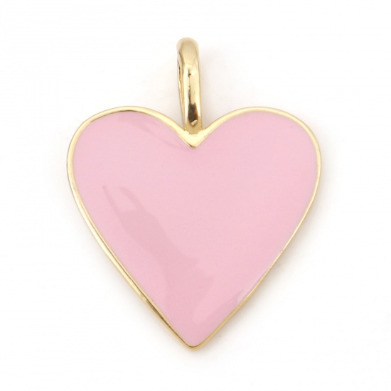 Picture of Brass Valentine's Day Charms 18K Real Gold Plated Pink Heart Enamel 24mm x 19mm, 1 Piece                                                                                                                                                                      