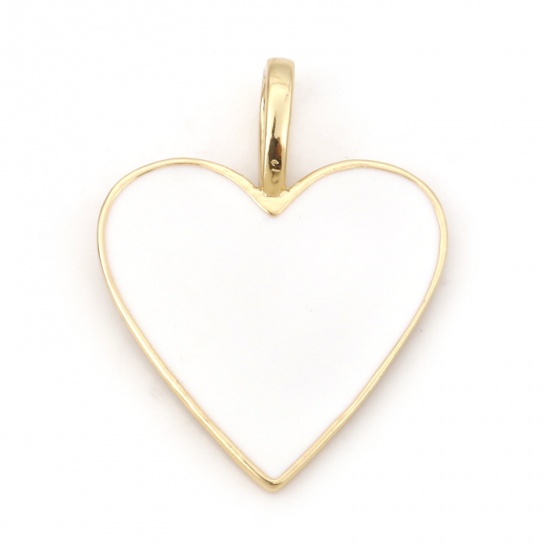 Picture of Brass Valentine's Day Charms 18K Real Gold Plated White Heart Enamel 24mm x 19mm, 1 Piece                                                                                                                                                                     