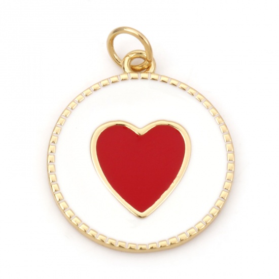 Picture of Brass Valentine's Day Charms 18K Real Gold Plated White & Red Round Heart Enamel 24mm x 18mm, 1 Piece                                                                                                                                                         