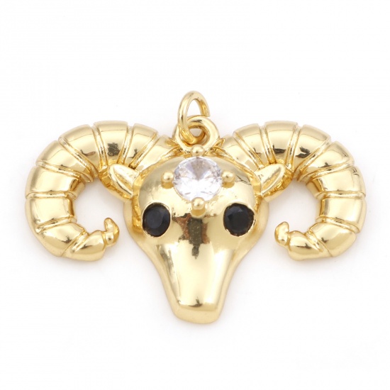 Picture of Brass Charms 18K Real Gold Plated Sheep Animal Clear & Black Cubic Zirconia 24.5mm x 19.5mm, 1 Piece