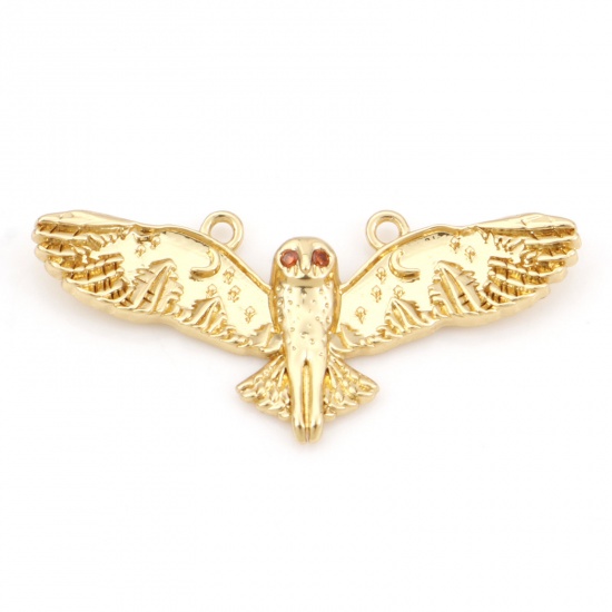 Picture of Brass Halloween Charms 18K Real Gold Plated Owl Animal Fuchsia Cubic Zirconia 29mm x 13.5mm, 1 Piece