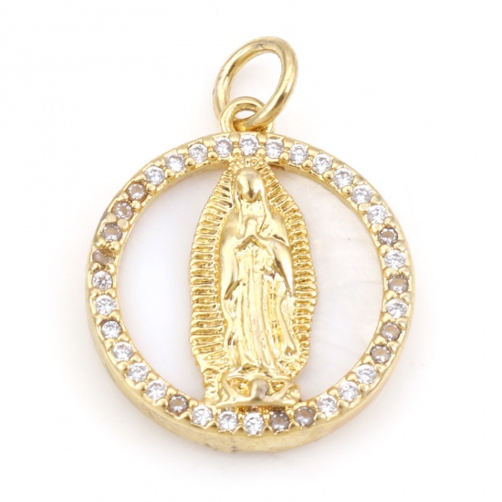 Immagine di Conchiglia + Ottone Religione Charms Tondo 18K Vero Oro Placcato Vergine Maria Micro Spianare Trasparente Cubic Zirconiae 21.5mm x 16mm, 1 Pz