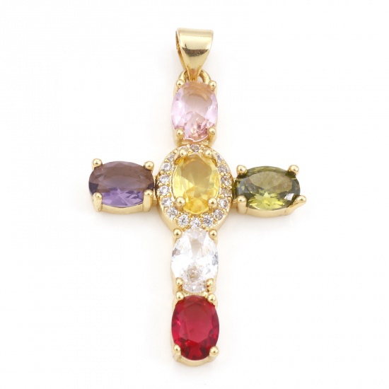 Image de Pendentifs Religieux en Laiton Croix Plaqué Or Véritable 18K Micro Pave à Zircone Cubique Multicolore 3.9cm x 2.3cm, 1 Pièce
