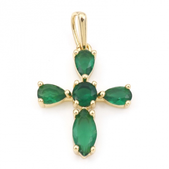 Picture of Brass Religious Pendants 18K Real Gold Plated Cross Green Cubic Zirconia 3.2cm x 1.9cm, 1 Piece