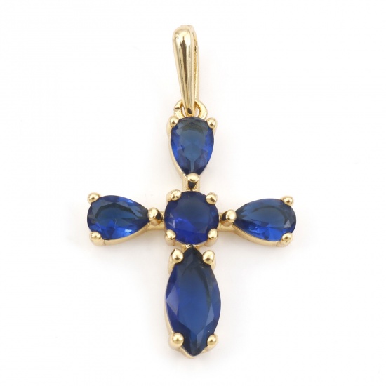 Picture of Brass Religious Pendants 18K Real Gold Plated Cross Deep Blue Cubic Zirconia 3.2cm x 1.9cm, 1 Piece