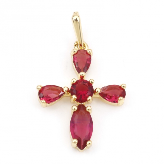 Picture of Brass Religious Pendants 18K Real Gold Plated Cross Fuchsia Cubic Zirconia 3.2cm x 1.9cm, 1 Piece