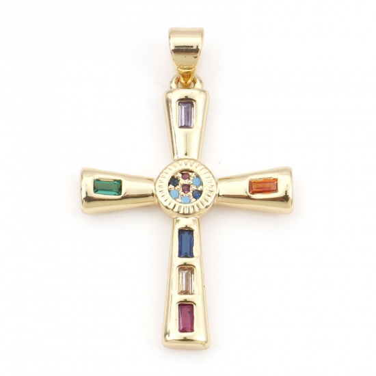 Picture of Brass Religious Pendants 18K Real Gold Plated Cross Micro Pave Multicolour Cubic Zirconia 3.3cm x 2.1cm, 1 Piece
