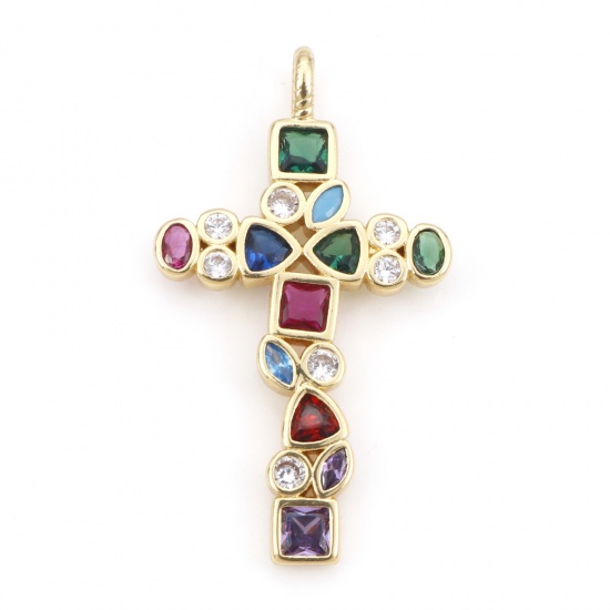 Picture of Brass Religious Pendants 18K Real Gold Plated Cross Multicolour Cubic Zirconia 3.2cm x 1.8cm, 1 Piece