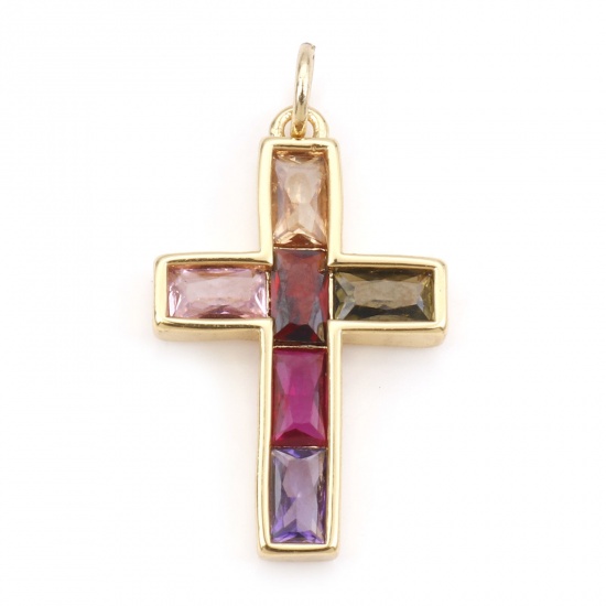 Picture of Brass Religious Charms 18K Real Gold Plated Cross Multicolour Cubic Zirconia 28mm x 15mm, 1 Piece